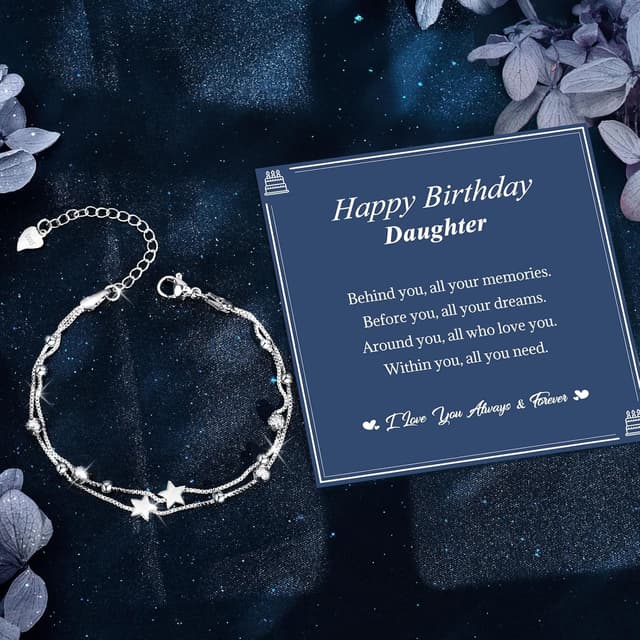 Detalle de CheersLife Happy Birthday Daughter bracelet with stars & cubic zirconia – silver-plated, adjustable jewellery gift