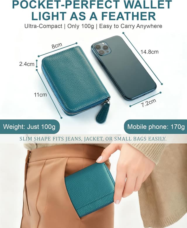 Detalle de Jexmigo RFID Blocking Genuine Leather Wallet for Women with 12 Card Slots and YKK Zip Coin Purse