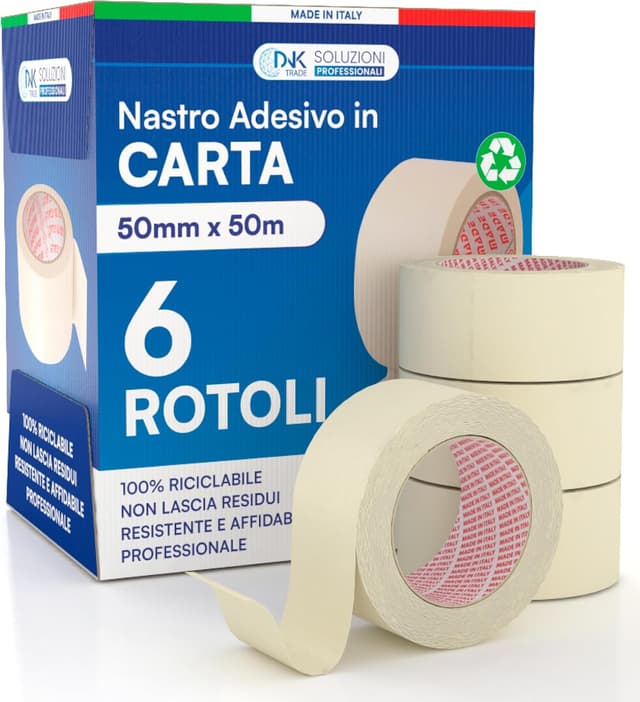Detalle de DNK TRADE Nastro di Carta per Imbianchini: 6 rotoli 50 mm x 50 m, carta gommata per mascheratura