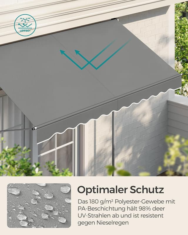Detalle de SONGMICS Klemmmarkise für Balkon und Terrasse, höhenverstellbar mit Handkurbel, 250 x 120 cm, grau GSA252G01