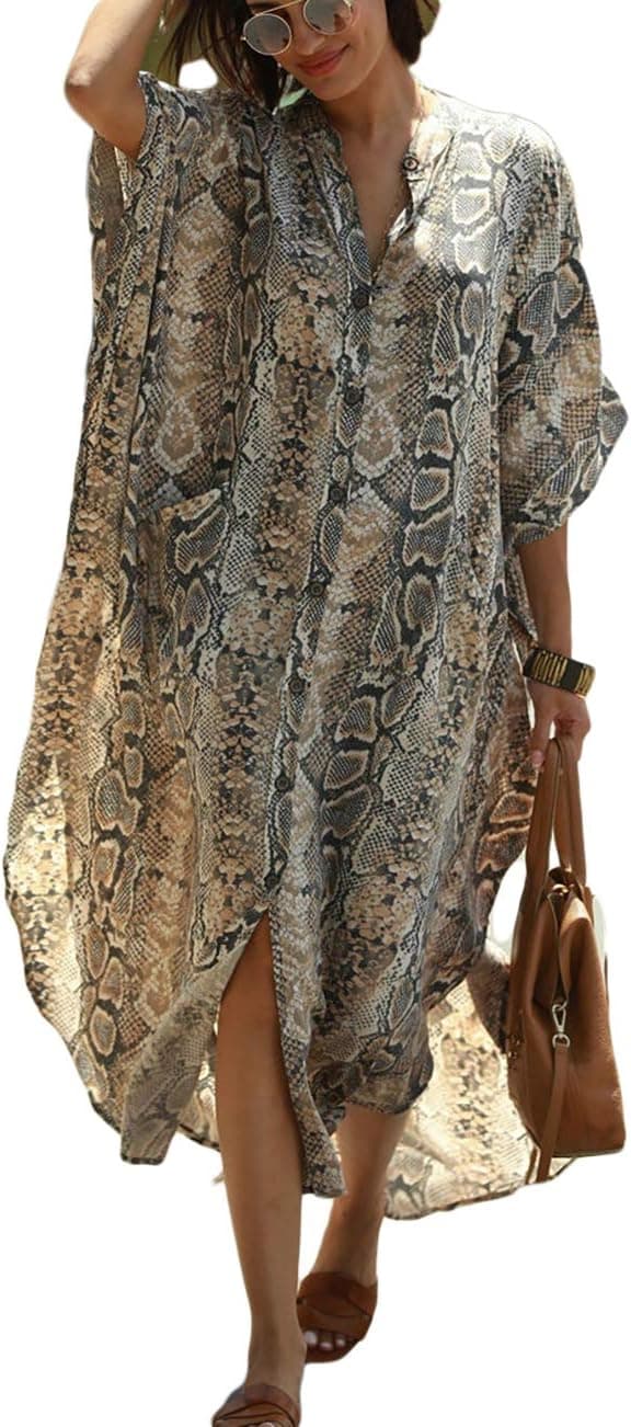 Detalle de Bsubseach women’s plus size beach shirt dress kaftan cover up with pockets
