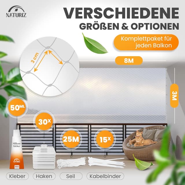 Detalle de Naturiz® Katzennetz für Balkon ohne Bohren (transparent) – inkl. Klebehaken & Silikonkleber, 3x8 m
