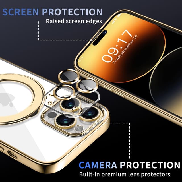 Detalle de Pmteyoim Magnetic iPhone 14 Pro Case with Invisible Stand, Full Camera Lens Protection (MagSafe-Compatible) — Gold Clear Slim