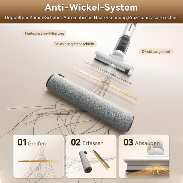 Detalle de JONR ED12 Lite Nass-Trockensauger & Wischsauger 3-in-1 kabellos mit Akku, Selbstreinigung und Anti-Verwicklungs-Design