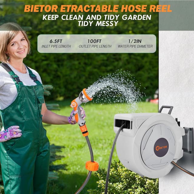 Detalle 2 de Bietor Retractable Garden Hose Reel 30m + 2m (Wall Mounted) with 10-Pattern Nozzle, Auto Lock & Auto Rewind