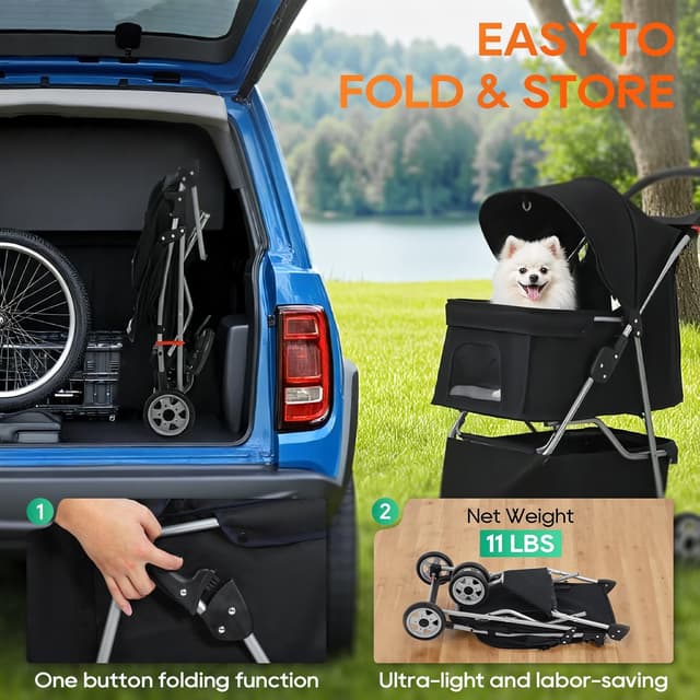 Detalle 2 de BestPet 3-Wheel Pet Stroller (Dog and Cat) with Breathable Mesh, Waterproof Foldable Design, Storage Basket