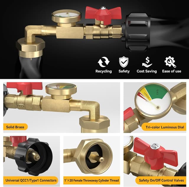 Detalle de Rushare Upgraded Propane Refill Adapter for 1 lb Tanks (90-Degree Elbow) with Valve and Gauge