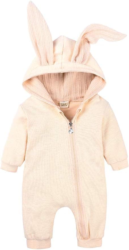 Detalle de Wocharm Newborn bunny ear hooded cotton zip romper set for autumn/winter wear