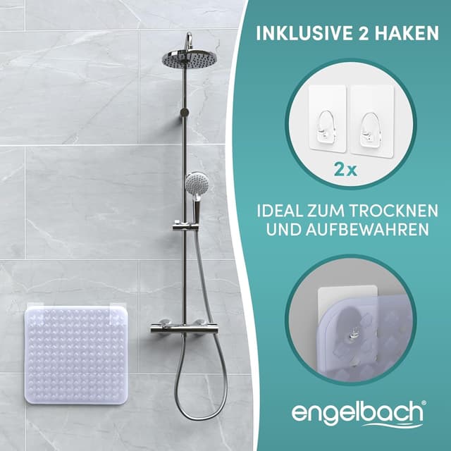 Detalle 2 de Engelbach Duschmatte rutschfest 53x53 cm inkl. 2 Haken – antibakteriell, BPA-frei, waschmaschinengeeignet