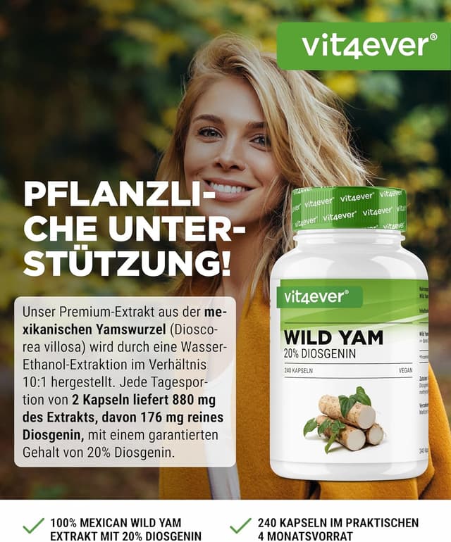 Detalle 2 de Wild Yam Wurzel Extrakt – 240 Kapseln – 880 mg Extrakt täglich (176 mg Diosgenin) – vegan, laborgeprüft