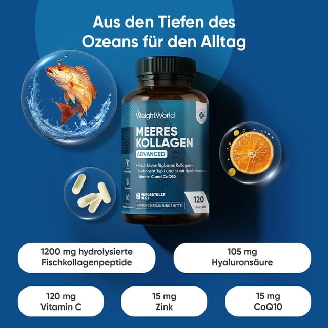 Detalle 2 de Marine Collagen Advanced – 1200 mg hydrolysierte Fischkollagen-Peptide Typ I & III (120 Kapseln) von WeightWorld