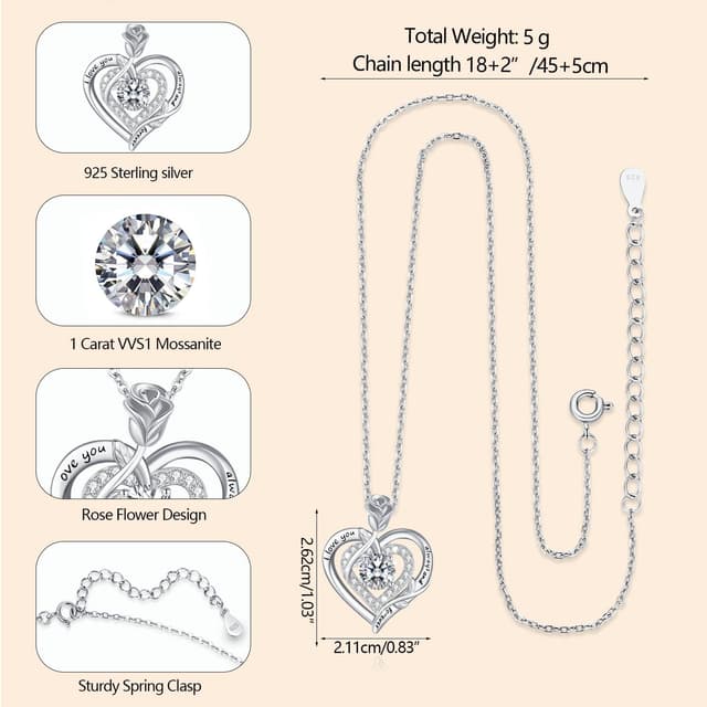Detalle de LAVUMO Moissanite Halskette Damen aus 925 Sterling Silber mit Doppel-Herz Rosen-Anhänger