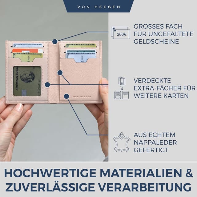 Detalle de VON HEESEN Herren- & Damen-Leder-Geldbörse mit Münzfach und RFID-Schutz (Rose)