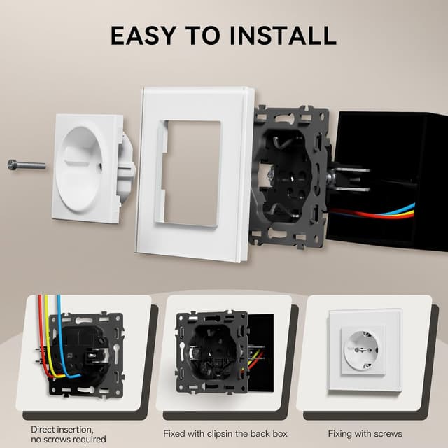 Detalle de BSEED Glas-Steckdose EU-Standard E-Serie (2-fach), 16A/250V – Wandsteckdose mit Kindersicherung, 157 mm in Gold