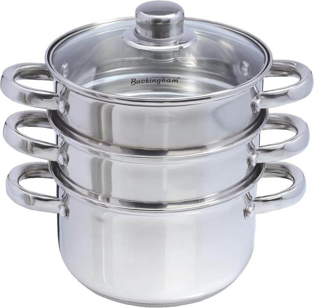 Detalle de Buckingham 3 Tier Premier Steamer Set with Glass Lid (18 cm) – Polished Mirror Stainless Steel, Induction Compatible