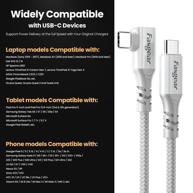 Detalle 2 de Fasgear USB C to USB-C 3.2 Gen 2x2 Cable (3ft) with 90-Degree Connector, 20Gbps, 100W Charging & 4K 60Hz Video (White)