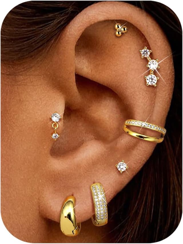 Detalle de Roheafer 7 Paar Ohrringe-Set: 14K vergoldete Creolen & flache Ohrstecker aus 316L-Edelstahl für Damen