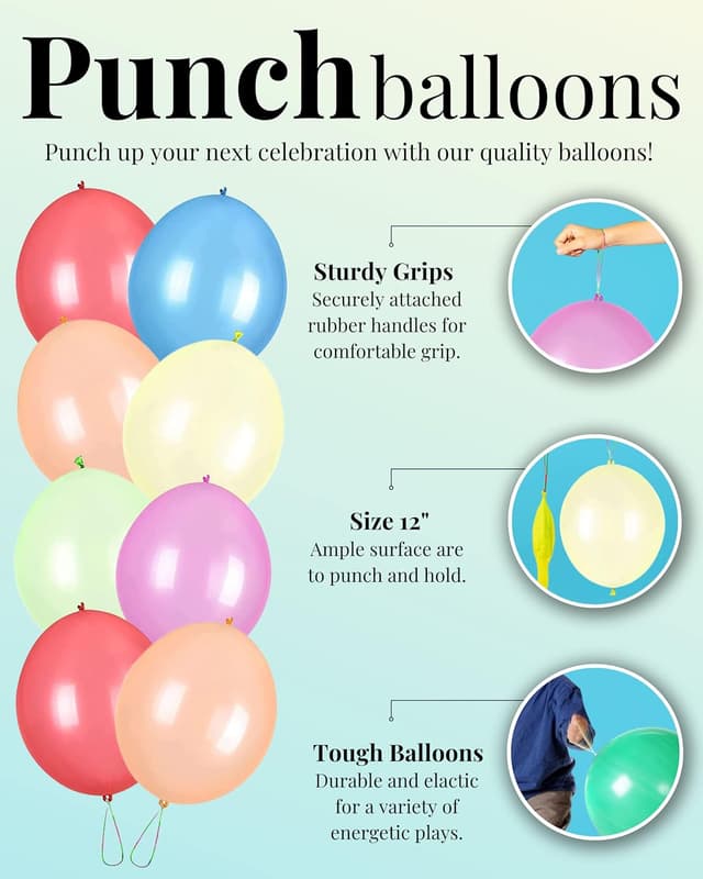 Detalle 2 de 25 Large Punch Balloons for Kids Party Bag Fillers (12 Inch, Assorted Colours)