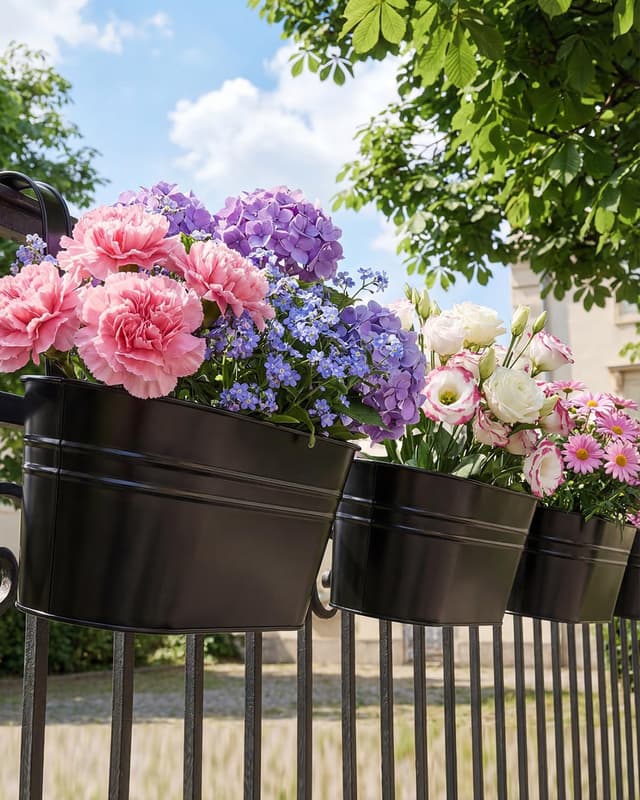 Detalle de 4 Pack Black Galvanised Iron Hanging Flower Pots with Detachable Hooks (Large) – Balcony & Fence Planters