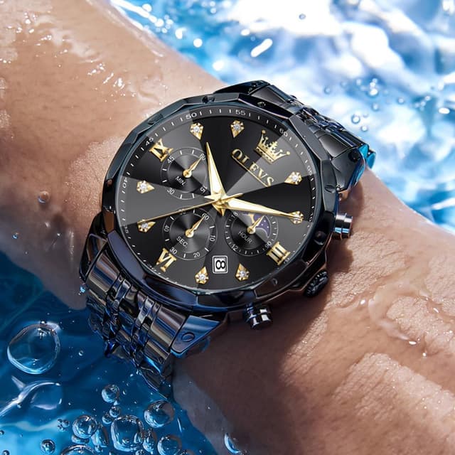 Detalle de OLEVS Herren Quarz Business-Uhr mit Chronograph, Mondphase & Datum – wasserdicht, Edelstahl