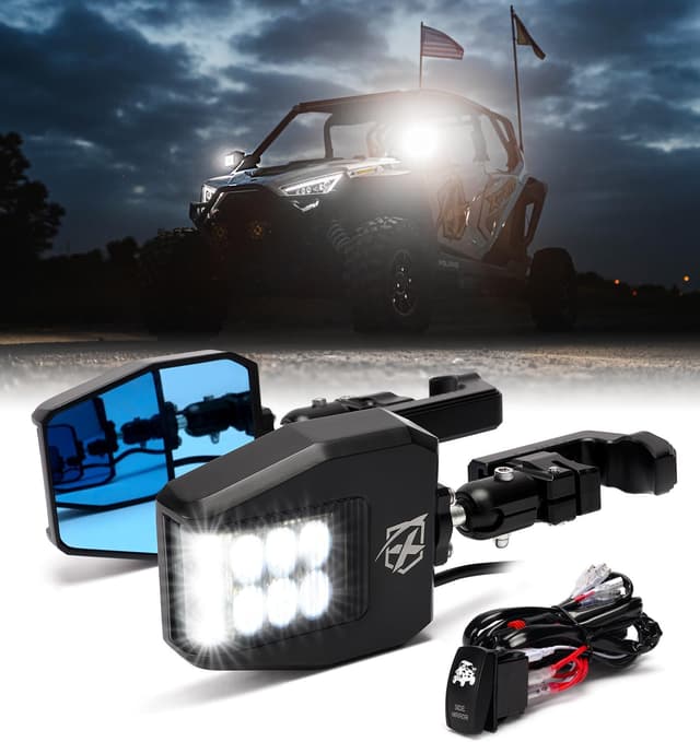 Xprite Classic UTV Side View Mirrors w/ LED Spot Light, Smoke Lens (Fits 1.75"–2" Roll Cages)