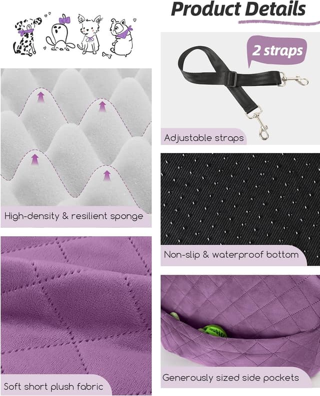 Detalle de Lealchum Dog Booster Car Seat for Small/Medium Dogs (Purple, Medium) – detachable & washable pet booster