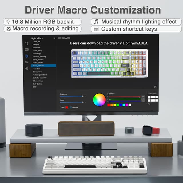 Detalle 2 de AULA F99 mechanical gaming keyboard (BT5.0/2.4GHz/USB-C, hot-swappable, RGB wireless) – Grey & white