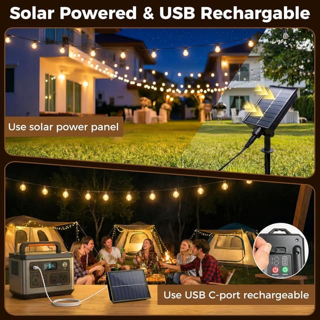 Detalle de kolpop Solar-Lichterkette für außen 15 m mit 8 Modi, dimmbar (G40) und Speicherfunktion