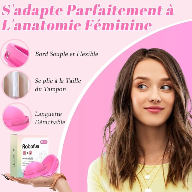 Detalle de Robofun Disque menstruel 2026Nou en silicone médical 100% – Lot de 2 (S + L) à retrait 360° – Rouge violacé