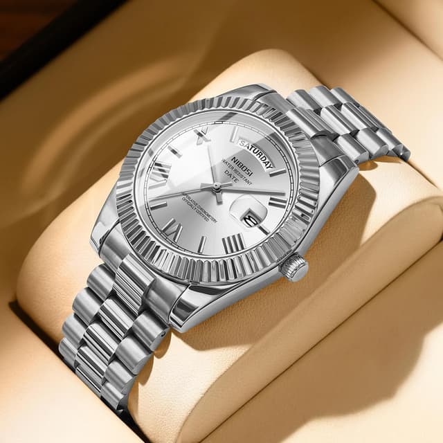 Detalle de NIBOSI orologio da uomo analogico al quarzo in acciaio inox oro rosa/argento, impermeabile 3 atm con giorno e data