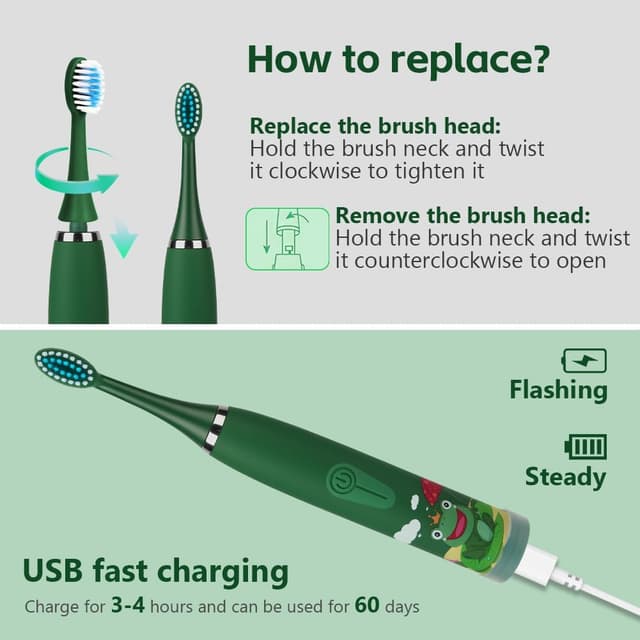 Detalle 2 de Vicloon Spazzolino Elettrico per Bambini con timer intelligente e 6 testine sostituibili (IPX6)