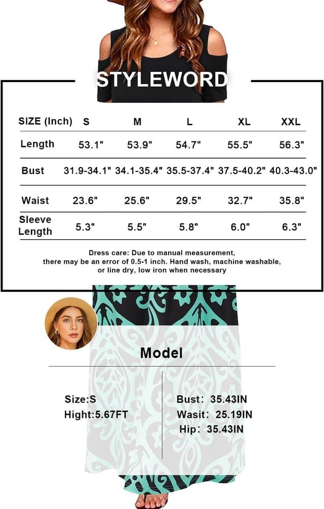 Detalle de STYLEWORD Robe longue d’été pour femme à manches courtes et motif floral, avec poches