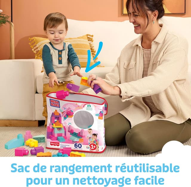 Detalle 2 de Mega Bloks DCH54 – Grand sac de construction rose, 60 blocs empilables (à partir de 1 an)
