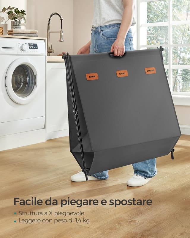 Detalle de SONGMICS LCB130G01 cesto portabiancheria pieghevole da 135 L con 3 scomparti e etichette