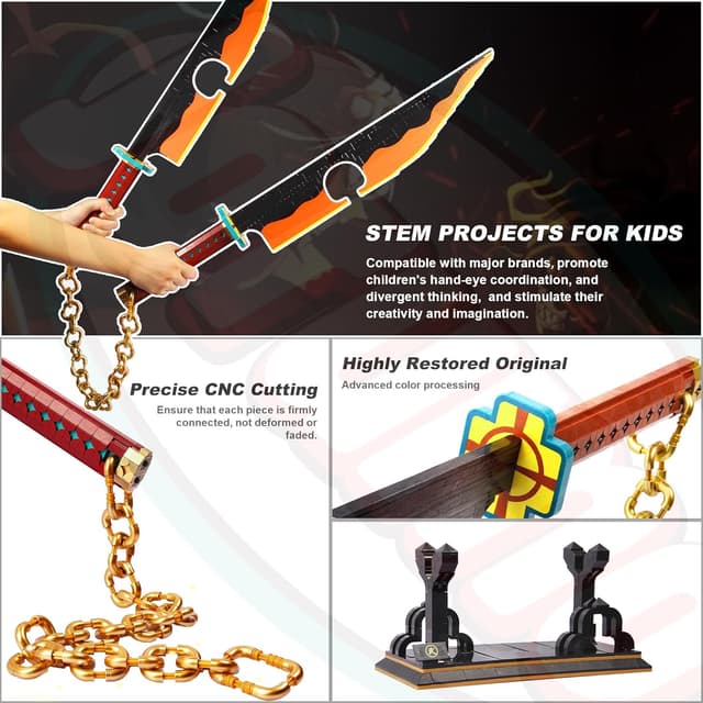 Detalle de Jorumo Sword Building Set (Tengen Uzui) 82in Double Blade Katana Building Block Kit with Stand, 1478 Pieces