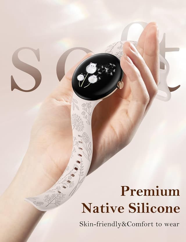 Detalle de TOYOUTHS 2-Pack Floral Engraved Strap for Google Pixel Watch (41mm) — Starlight/Black