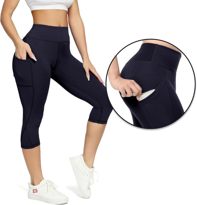 Detalle de FITTOO Pantaloni della tuta a due righe donna: leggings Capri con vita alta per yoga, corsa e palestra