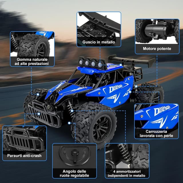 Detalle de Joellfuner Monster Truck radiocomandato 2,4 GHz 1:16 con luci LED a quattro colori (blu)