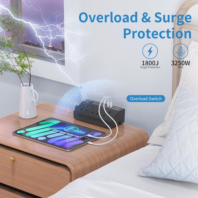 Detalle 2 de HAFINO PD 20W Desk Power Socket with USB‑C Slots – 7‑in‑1 Power Station with 2M Extension Lead