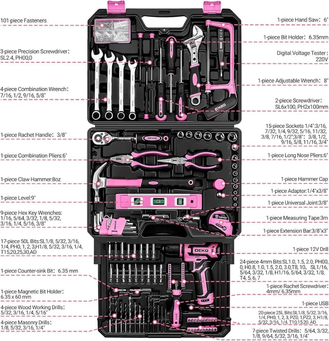 Thumbnail 1 de DEKO Pink Tool Kit Box Drill Set