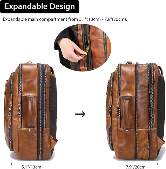 Detalle de LANNSYNE vintage genuine leather backpack (expandable, 2 in 1 briefcase) for a 17” laptop