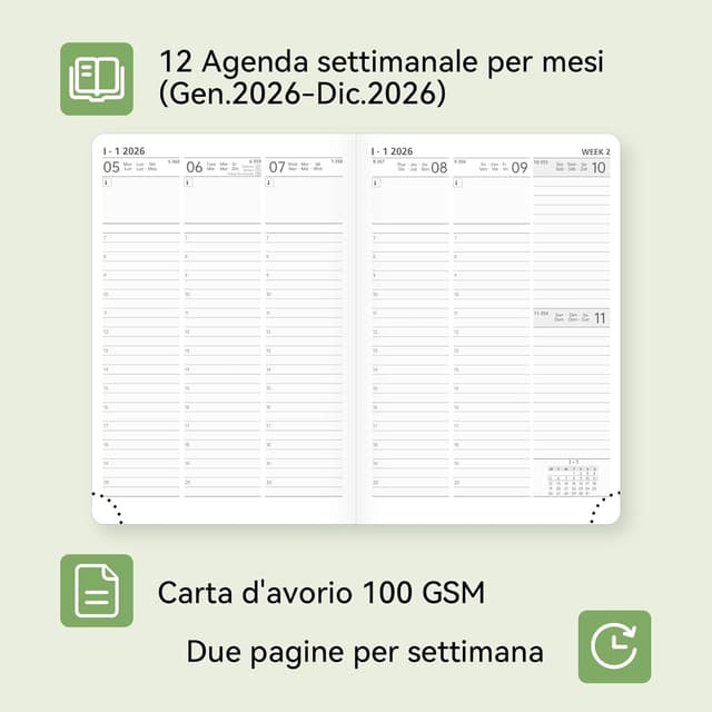 Detalle de FEKSINO Agenda settimanale 2026 A4 (28,6 x 21 cm) con copertina rigida in pelle PU rosa, da gennaio a dicembre 2026
