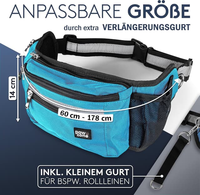Detalle 2 de PAWZONE Leckerlibeutel für Hunde mit Hüftgurt, Reflektorband und Zusatzgurt (Azurblau)