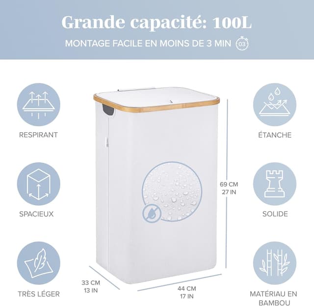 Detalle de LONBET 100L panier à linge avec couvercle et cadre en bambou, sac amovible et poignées latérales (gris clair)