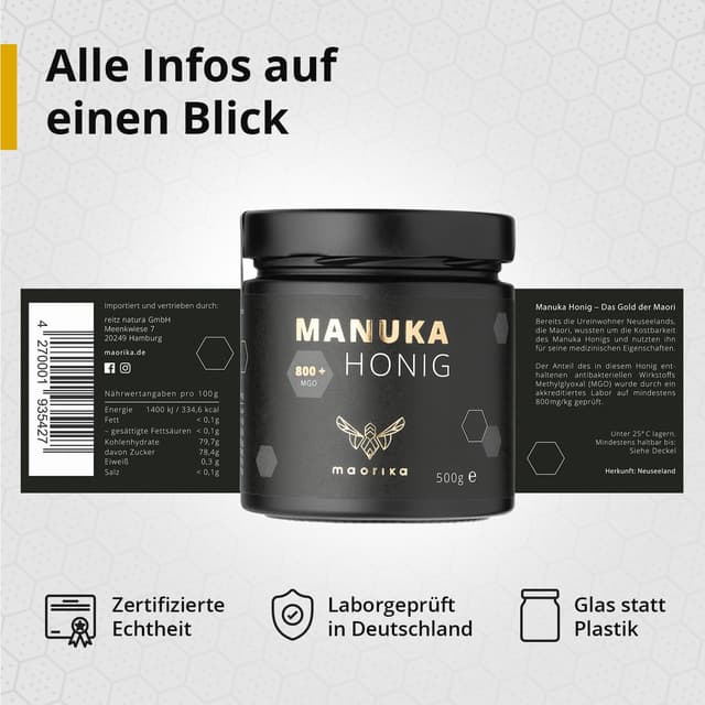 Detalle 2 de maorika Manuka Honig 800 MGO + 500 g im Glas – laborgeprüft, zertifiziert aus Neuseeland (lichtundurchlässig)