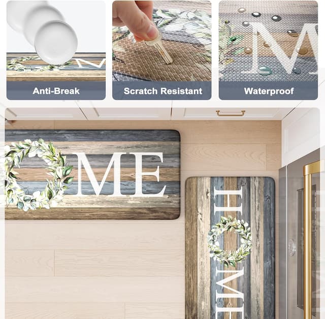 Detalle 2 de KIMODE Cushioned Anti-Fatigue Farmhouse Kitchen Floor Mats (Set of 2) — Blue Memory Foam-Style Non-Slip, Waterproof Runners