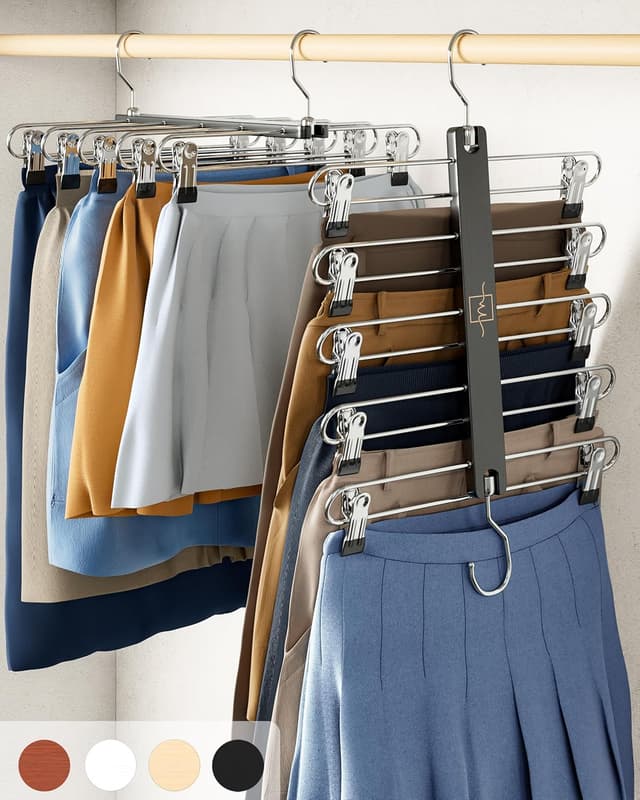 Detalle de MORALVE Skirt Hangers with Clips (European Beechwood) – Space-Saving 5-Tier Hanger, 2 Pack with 360° Swivel Hook