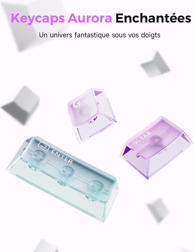 Detalle de GravaStar Mercury K1 Lite — clavier mécanique gamer 75% Crystal Aurora (BT 5.0 / 2,4G / USB-C, QWERTY)
