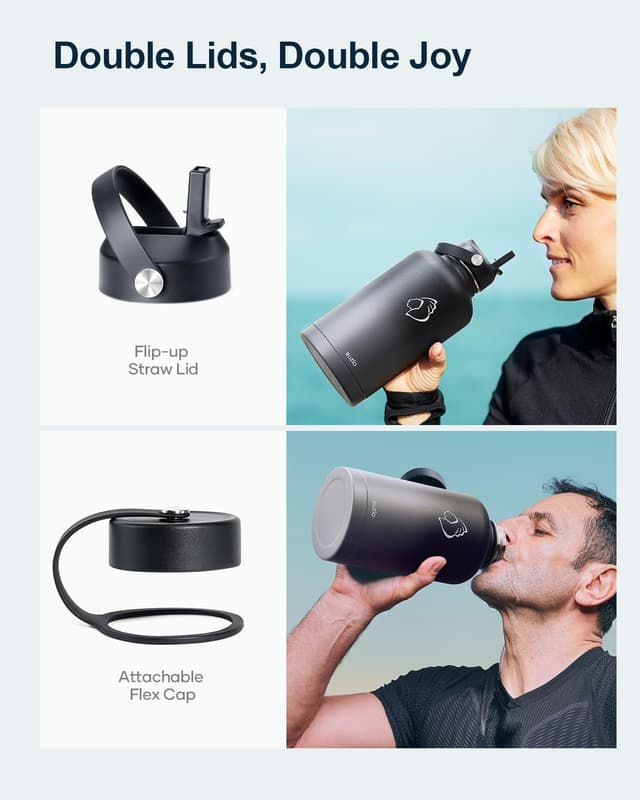 Detalle de Buzio 2L Stainless Steel Water Bottle with Straw Lid & Flex Cap (Black & Grey) – Double Wall Insulated