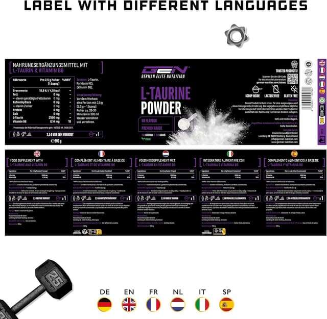 Detalle 2 de German Elite Nutrition Taurin Pulver (L-Taurin) – 500 g, vegan und ohne Zusätze